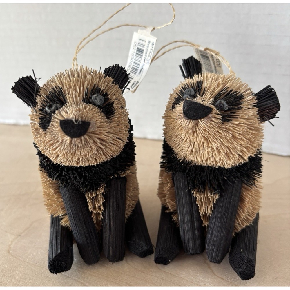 Vtg Bristle Brush Panda Christmas Ornament LOT of 2 Bears Macy's Beige Black